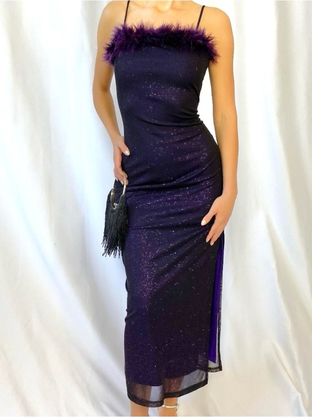 Vintage Y2K Purple Feather Trim Sparkle Slip Dress